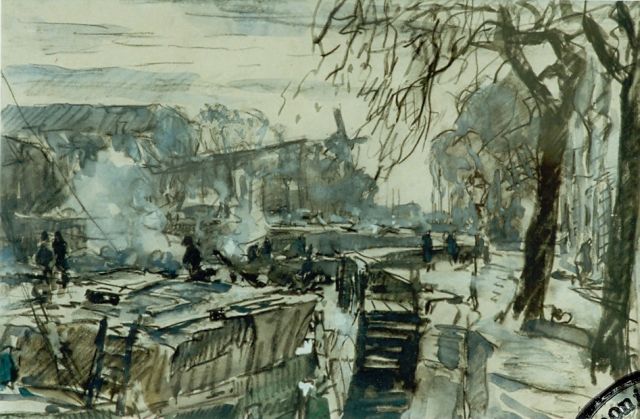 Johan Hendrik van Mastenbroek | Delfshaven, gemengde techniek op papier, 21,5 x 34,8 cm, gesigneerd r.o.