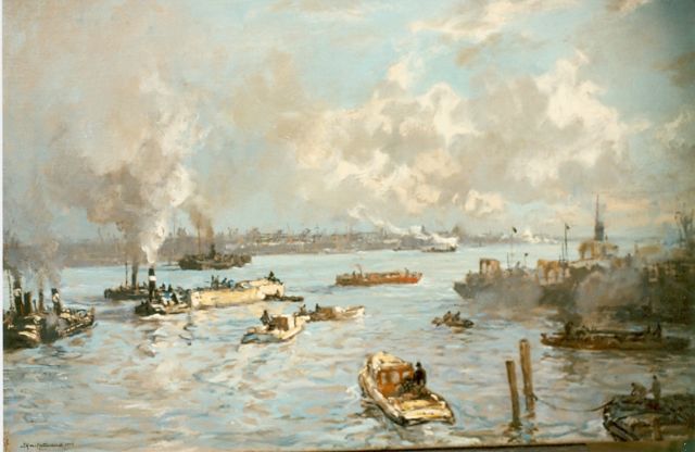 Johan Hendrik van Mastenbroek | Bedrijvigheid in de Rotterdamse haven, olieverf op doek 'cirage', 47,7 x 71,7 cm, gesigneerd l.o. en gedateerd 1928