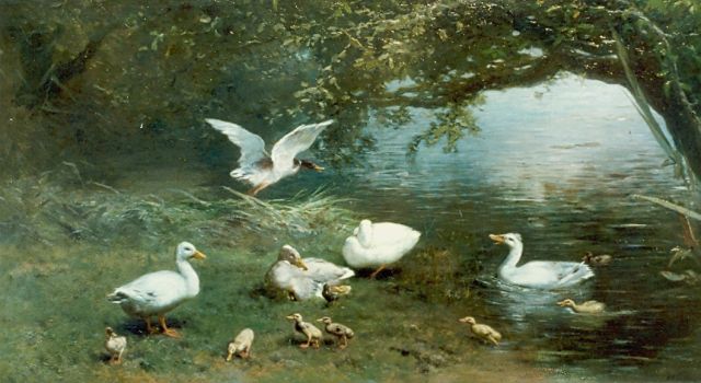 Willem Maris | Eendenfamilie met kuikentjes aan de waterkant, olieverf op doek, 56,0 x 111,0 cm, gesigneerd r.o. en gedateerd 1870