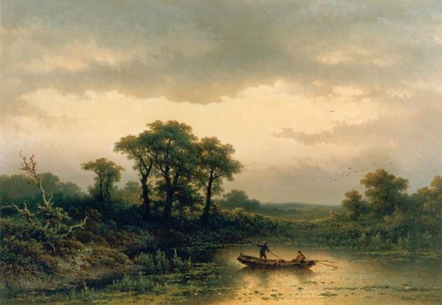 Johannes Hilverdink | Vissers op een plas bij avondschemer, olieverf op doek, 66,0 x 95,0 cm, gesigneerd l.o. en gedateerd 1884