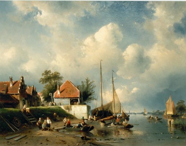 Charles Leickert | Zeilboten op een rivier, olieverf op doek, 55,6 x 74,3 cm, gesigneerd l.o.