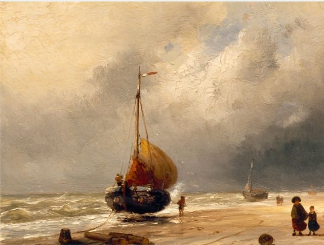 Charles Leickert | Bommen op het strand, olieverf op paneel, 20,6 x 27,1 cm, gesigneerd r.o.