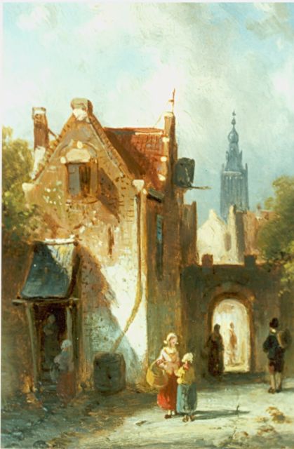Charles Leickert | Zonnig stadsgezichtje, olieverf op paneel, 11,4 x 9,1 cm, gesigneerd l.o.