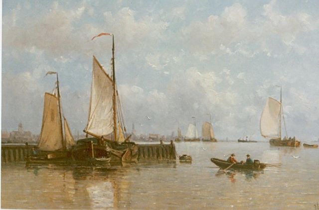 Hendrik Hulk | Zeilschepen bij havenmond, olieverf op doek, 45,5 x 30,5 cm, gesigneerd r.o.