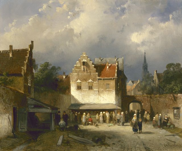 Charles Leickert | Markt, Amsterdam, olieverf op paneel, 17,5 x 20,9 cm, gesigneerd r.o.