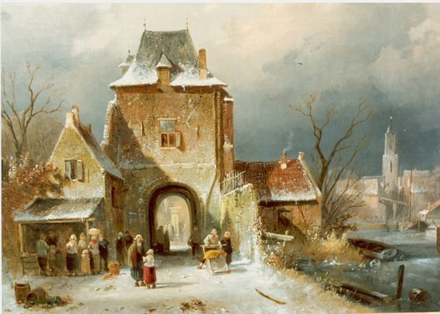 Charles Leickert | Winterse stadspoort, olieverf op doek, 30,0 x 36,2 cm, gesigneerd r.o.