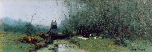 Cornelis Kuijpers | Eenden bij geboomte aan een sloot, olieverf op doek, 16,0 x 47,0 cm, gesigneerd r.o.