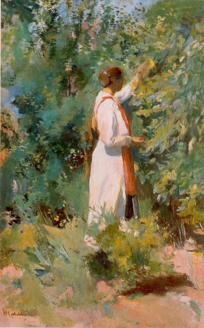 Willem Korteling | Tuinimpressie met jonge vrouw, olieverf op doek, 55,5 x 38,5 cm, gesigneerd l.o.