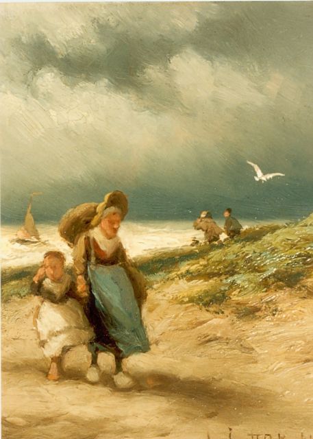 Jan H.B. Koekkoek | Met visvangst op weg naar huis, olieverf op paneel, 16,5 x 13,0 cm, gesigneerd r.o.