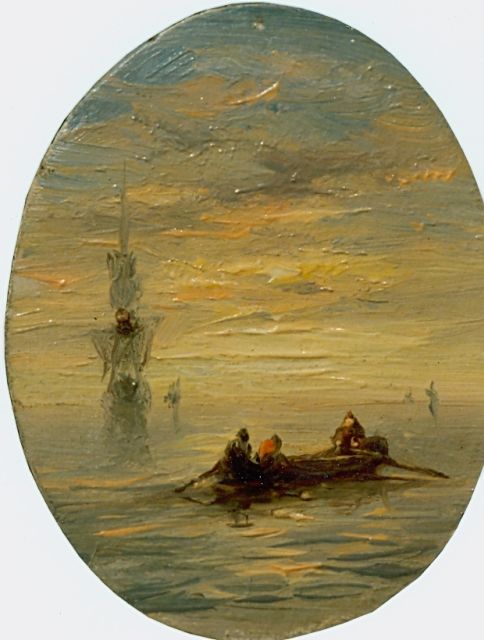 Jan H.B. Koekkoek | Boten op zee bij avond, olieverf op paneel