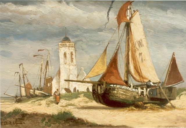 Gerard Koekkoek | 'Bomschuiten' Katwijk, olieverf op paneel, 14,5 x 21,5 cm, gesigneerd l.o.