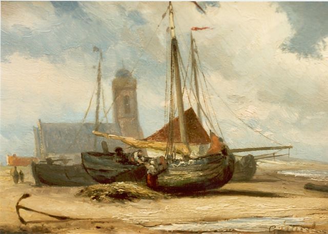 Gerard Koekkoek | Bomschuiten op het Katwijkse strand, olieverf op paneel, 14,6 x 23,5 cm, gesigneerd l.o.