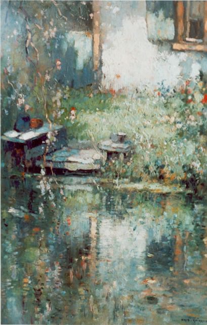 Aris Knikker | Gezicht op een oever met visserssteigertje, olieverf op paneel, 52,2 x 37,6 cm, gesigneerd r.o.