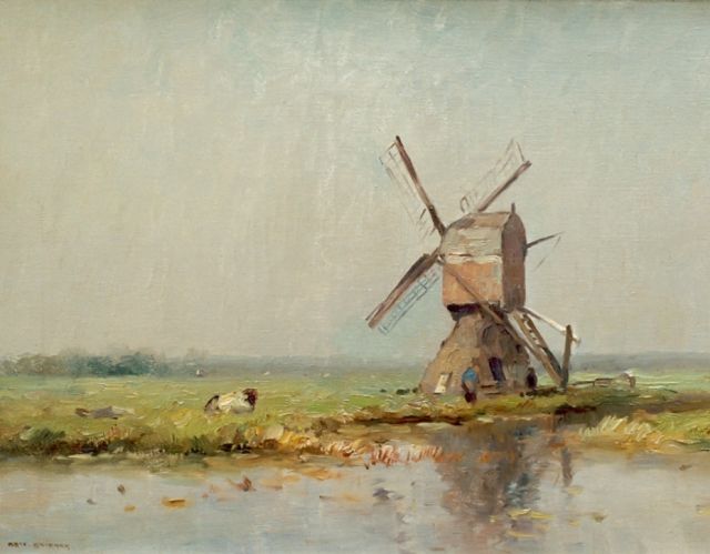 Aris Knikker | Molen aan het water, olieverf op doek, 30,0 x 40,0 cm, gesigneerd l.o.