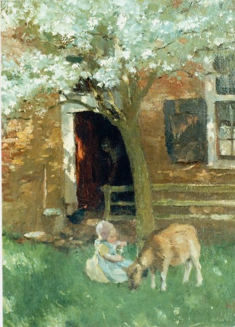 Albert Neuhuys | Meisje met geit voor de boerderij, olieverf op doek, 50,5 x 38,8 cm, gesigneerd r.o.