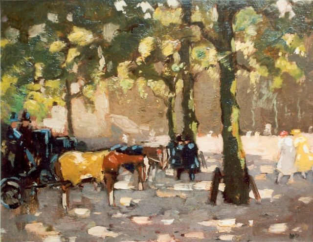 Cor Noltee | Gestationeerde rijtuigen in het park, olieverf op doek op paneel, 32,5 x 43,4 cm