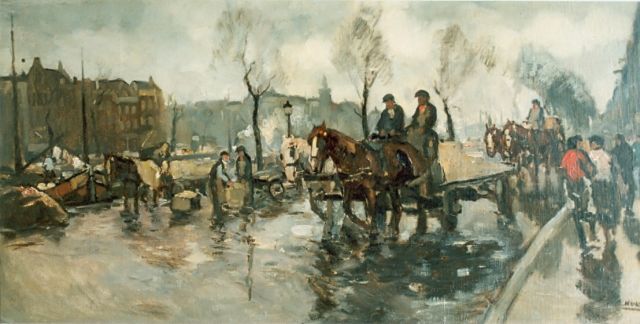 Cor Noltee | Paarden op drukke gracht, olieverf op doek, 50,0 x 100,0 cm, gesigneerd r.o.