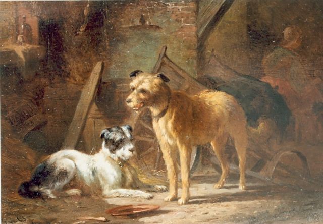 Pieter Frederik van Os | Twee honden bij een kar, olieverf op paneel, 18,9 x 27,0 cm, gesigneerd l.o.
