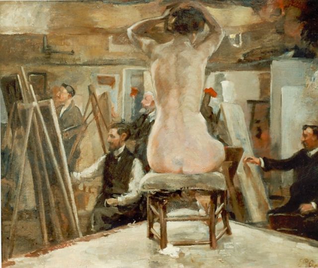 Pieter Oyens | Het tekenen naar model, olieverf op doek, 61,3 x 75,6 cm, gesigneerd r.o.