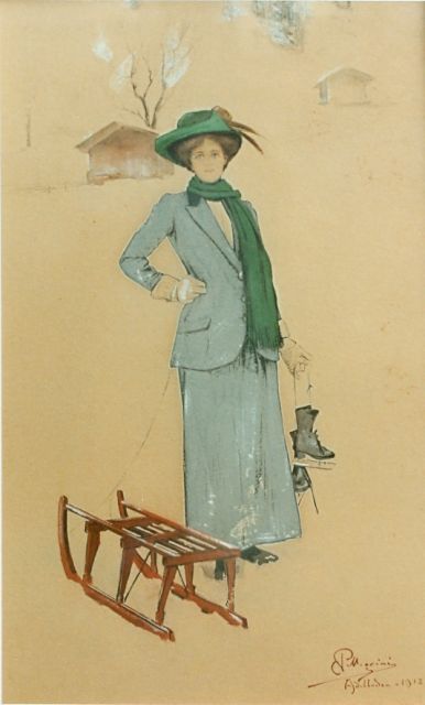 Carlo Pellegrini | Elegante jonge vrouw met schaatsen en slee, aquarel op papier, 39,0 x 24,6 cm, gesigneerd r.o.