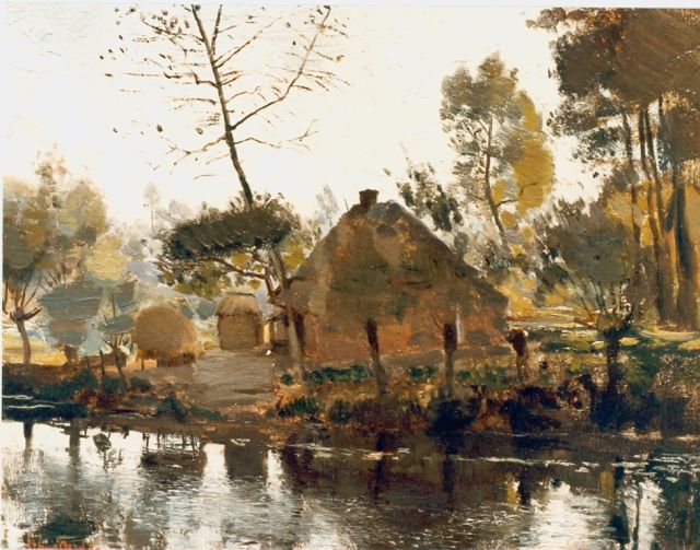 Frans Oerder | Boerderij aan de slootkant met wilgen, olieverf op karton, 27,9 x 35,7 cm, gesigneerd l.o.