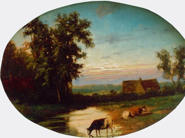 Louwerencius Plas | Landschapje bij avond, olieverf op paneel, 12,3 x 17,7 cm, gesigneerd r.o.