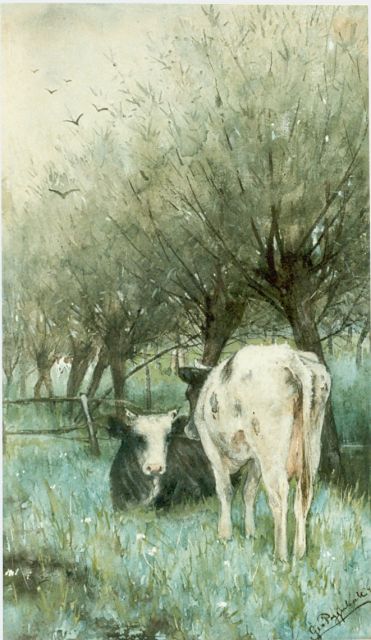 Geo Poggenbeek | Kalfjes bij knotwilg, aquarel op papier, 37,0 x 22,0 cm, gesigneerd r.o. en gedateerd '79
