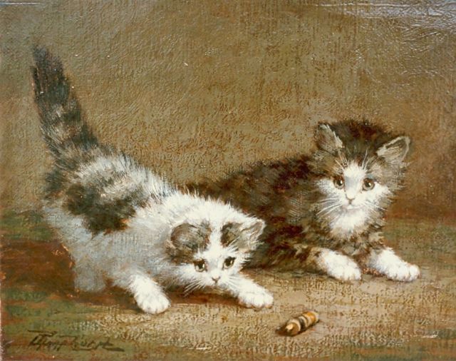 Cornelis Raaphorst | Spelende poesjes met klosje garen, olieverf op doek, 18,0 x 23,9 cm, gesigneerd l.o.