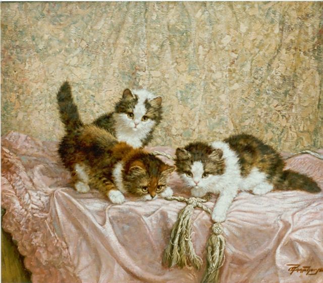 Cornelis Raaphorst | Spelende poesjes op een kussen, olieverf op doek, 50,4 x 60,5 cm, gesigneerd r.o.