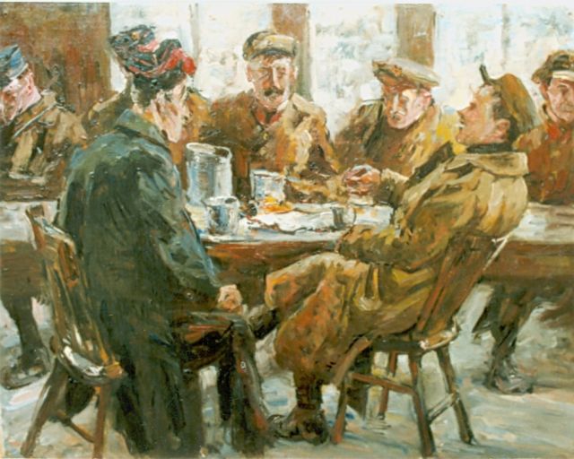 Jan Hoynck van Papendrecht | Soldatencafé, olieverf op doek op paneel, 30,2 x 39,5 cm