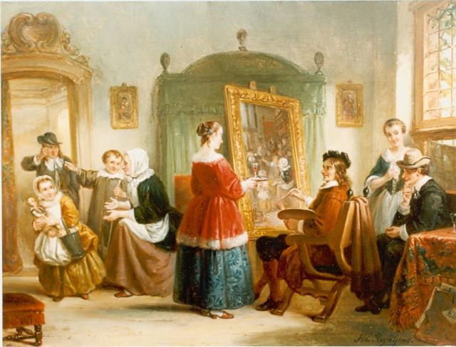 Henricus Engelbertus Reijntjens | Jan Steen in zijn atelier, olieverf op paneel, 27,5 x 38,5 cm, gesigneerd r.o.