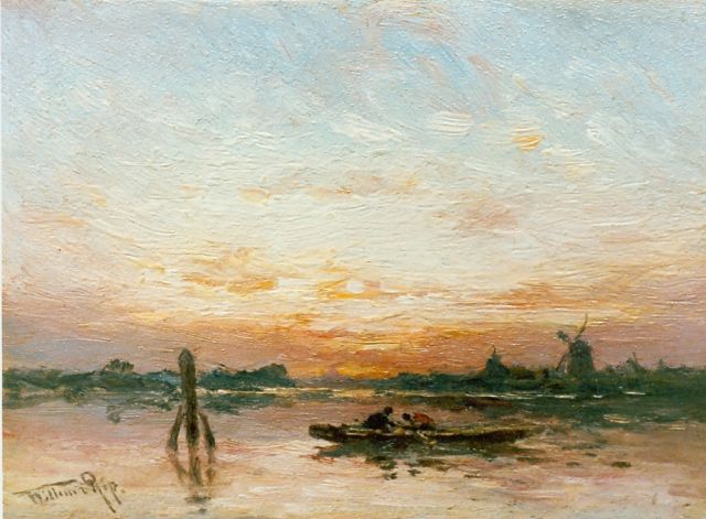 Willem Rip | Vissers in stemmig avondlandschap, olieverf op paneel, 17,5 x 24,6 cm, gesigneerd l.o.
