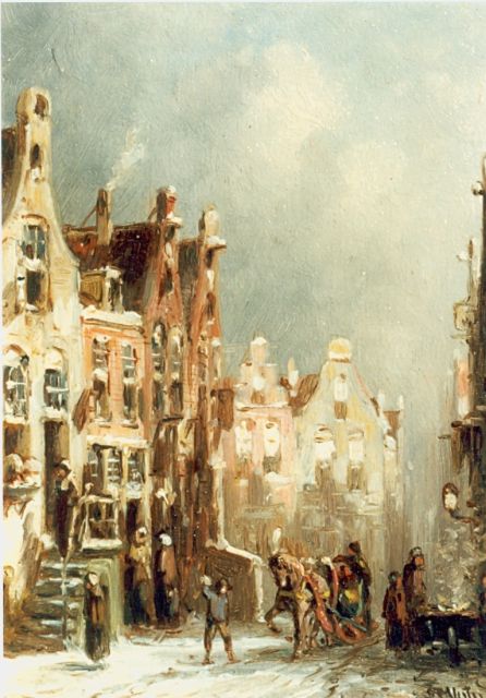 Petrus Gerardus Vertin | Gezicht op winters straatje, olieverf op paneel, 13,2 x 8,0 cm, gesigneerd r.o. en gedateerd '88
