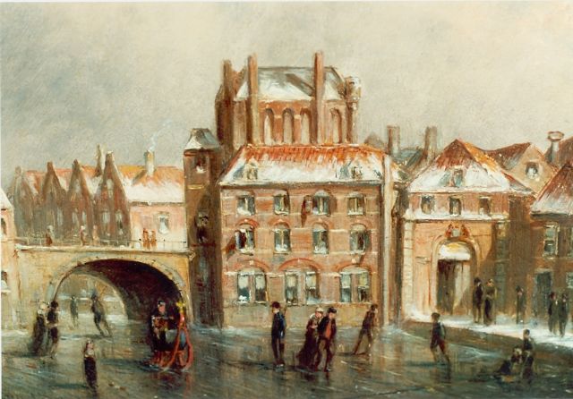 Petrus Gerardus Vertin | Schaatsers op bevroren gracht, olieverf op paneel, 15,9 x 20,1 cm, gesigneerd l.o. en gedateerd '91
