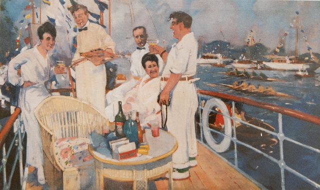 Piet van der Hem | De schilder in vrolijk gezelschap tijdens een regatta, olieverf op doek, 80,0 x 130,0 cm, gesigneerd r.o. met initialen