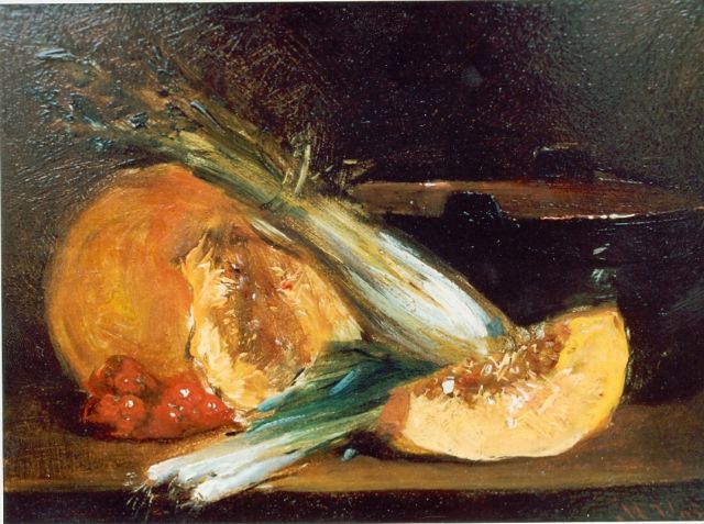 Maria Vos | Stilleven van groenten, olieverf op paneel, 16,2 x 22,3 cm, gesigneerd r.o.