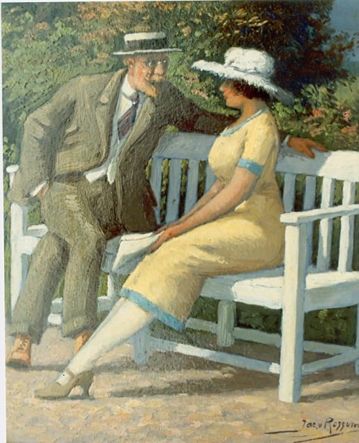 Jacob van Rossum | Ontmoeting in het park, olieverf op paneel, 19,0 x 16,0 cm, gesigneerd r.o.
