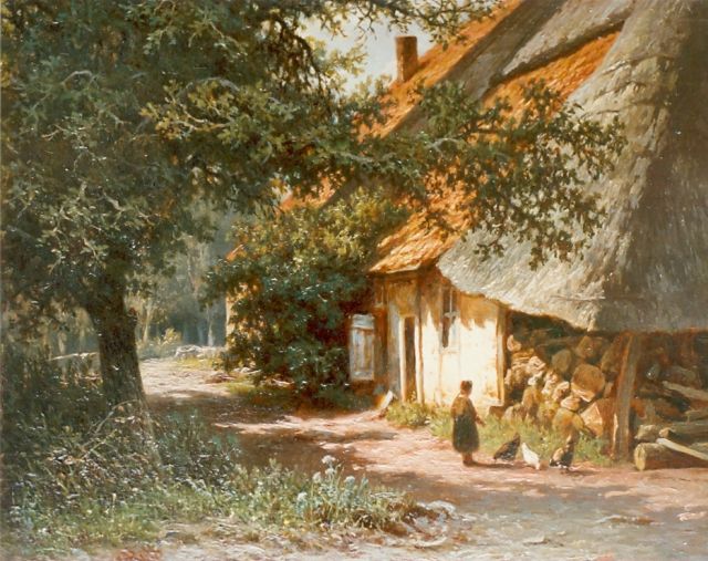 George Andries Roth | Meisje voert kippen in beschaduwde tuin, olieverf op paneel, 25,1 x 32,0 cm, gesigneerd l.o.