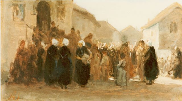 Philip Sadée | Groep mensen in dorpje, olieverf op paneel, 21,0 x 38,0 cm, gesigneerd l.o.