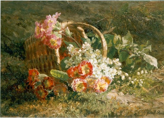 Gerardine van de Sande Bakhuyzen | Het omgevallen bloemen mandje, olieverf op paneel, 23,0 x 35,0 cm, gesigneerd r.o.