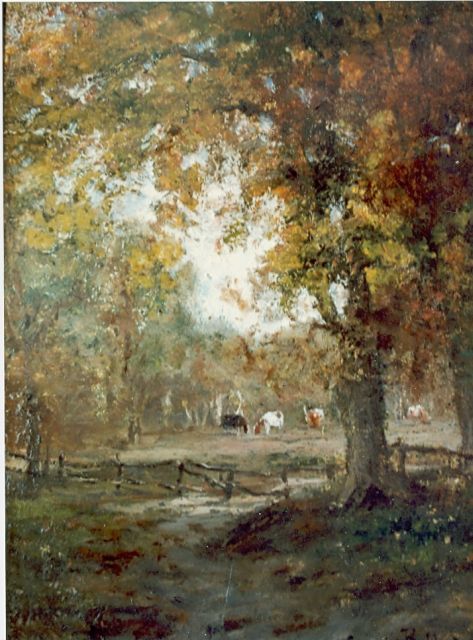 Julius Jacobus van de Sande Bakhuyzen | Grazende koeien op een open plek in het bos, olieverf op paneel, 22,2 x 16,4 cm, gesigneerd r.o.