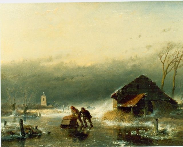 Andreas Schelfhout | Wintergezicht, olieverf op paneel, 17,8 x 23,5 cm, gesigneerd r.o.