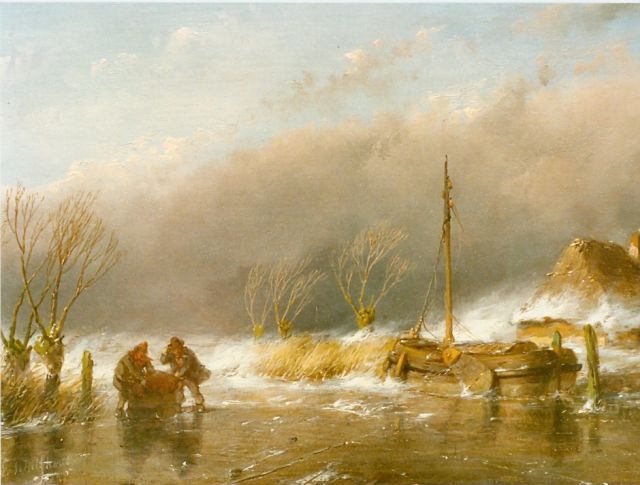 Andreas Schelfhout | Storm op het ijs, olieverf op paneel, 17,5 x 24,0 cm, gesigneerd l.o.