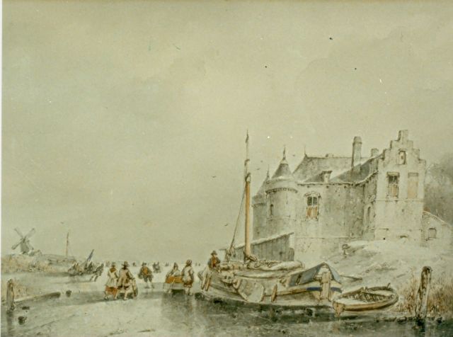 Andreas Schelfhout | Winterscène, aquarel op papier, 27,5 x 39,0 cm, gesigneerd r.o.