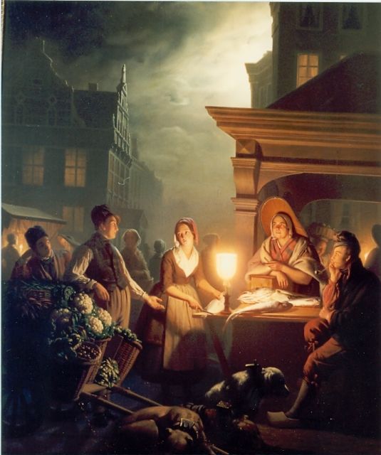 Petrus van Schendel | Vismarkt in Den Haag, olieverf op paneel, 85,0 x 71,0 cm, gesigneerd r.o.