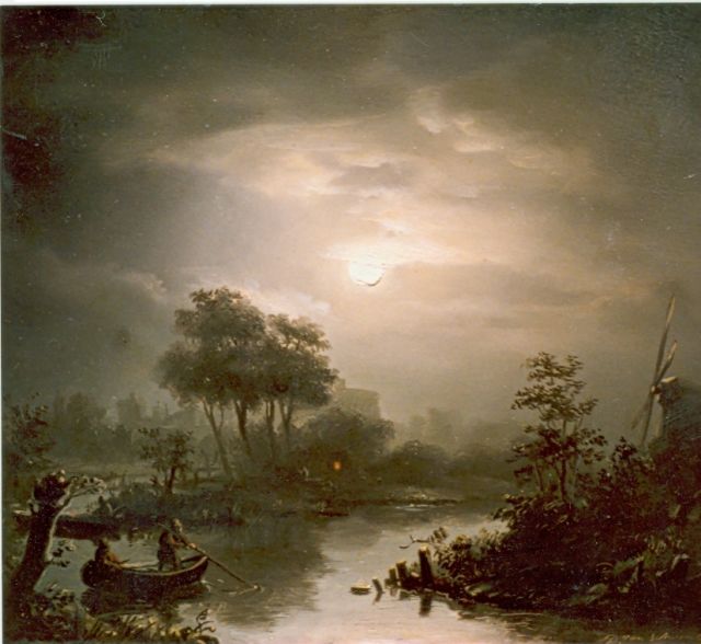 Petrus van Schendel | Maanlandschapje met vissers, olieverf op paneel, 19,2 x 22,4 cm, gesigneerd r.o.