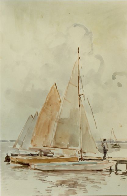 Cornelis Vreedenburgh | Afgemeerde zeilboten, aquarel op papier, 19,5 x 13,5 cm