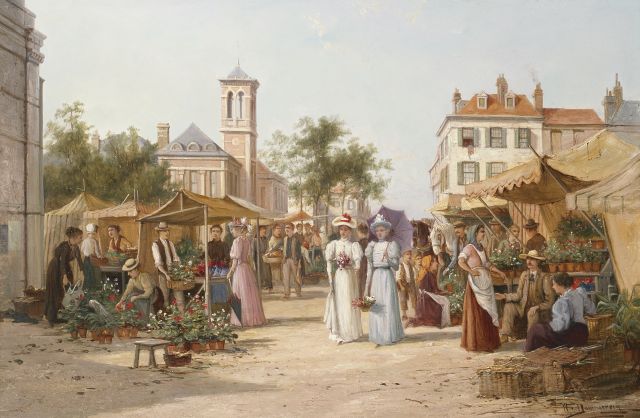William Raymond Dommerson | Elegante dames op Limburgse bloemenmarkt, olieverf op doek, 50,7 x 76,3 cm, gesigneerd r.o.