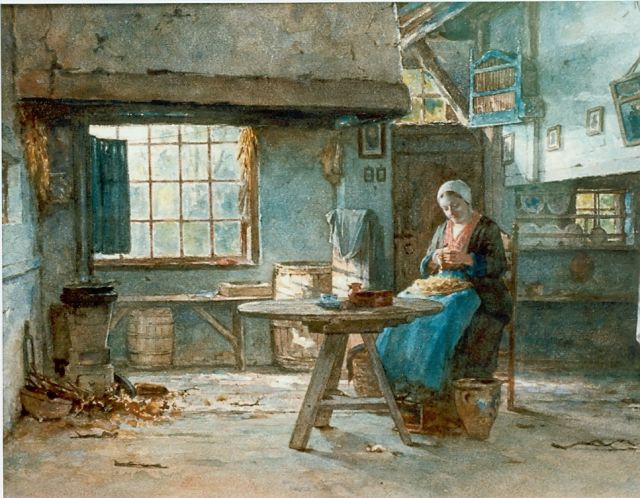 Hendrik Valkenburg | Aardappel schillende vrouw, aquarel op papier, 39,3 x 53,3 cm, gesigneerd r.b. en gedateerd '80