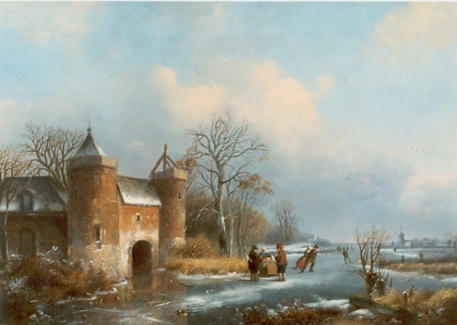 Velzen J.P. van | IJsvermaak op stadsgracht, olieverf op paneel 33,0 x 45,0 cm, gesigneerd l.o.